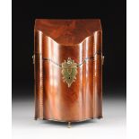 A GEORGE III PARQUETRY TRIMMED FLAME MAHOGANY CUTLERY BOX WITH ELEVEN STERLING HOLLOWARE UTENSILS,