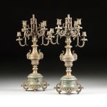 A PAIR OF FRENCH NEOCLASSICAL STYLE PATINATED BRONZE SIX LIGHT CANDELABRAS, LATE 19TH CENTURY,