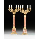 A GRAND PAIR OF NEOCLASSICAL GILT BRONZE MOUNTED MARBLE SIX LIGHT CANDELABRA, 19TH CENTURY, the