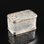 A CONTINENTAL SILVER METAL MOUNTED CARVED ROCK CRYSTAL SNUFF BOX, POSSIBLY AUSTRIAN, 19TH CENTURY,