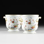 A PAIR OF PORTUGUESE "IMARI" BLOSSOMING FOLIAGE DECORATED TWO HANDLED PORCELAIN "SEAU Ã DEMI