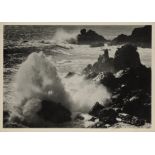 ANSEL ADAMS (American 1902-1984) A SIGNED POSTCARD, "Surf and Rocks Timber Cove, California," framed