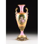 AN UNUSUAL NAPOLEON III PARCEL GILT AND POLYCHROME PAINTED PINK GROUND PORCELAIN VASE, THIRD QUARTER