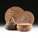 A GROUP OF FOUR VARIOUS NATIVE AMERICAN WOVEN BASKETRY WARES, comprising a circular Pima woven