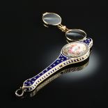 A CONTINENTAL BRILLIANTS MOUNTED COBALT BLUE ENAMELED GUILLOCHÉ LORGNETTE, POSSIBLY RUSSIAN, LATE