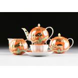 A FIFTEEN PIECE RUSSIAN PARCEL GILT AND ORANGE GROUND PORCELAIN TEA SET, BY THE DULEVO FACTORY, GILT