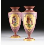 A PAIR OF GOTHIC REVIVAL PARCEL GILT AND POLYCHROME PAINTED DARK RED GROUND VASES, PROBABLY