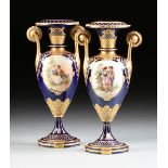 A PAIR OF SÈVRES STYLE PARCEL GILT COBALT BLUE GROUND VASES, IMPRESSED NUMBERS, LATE 19TH
