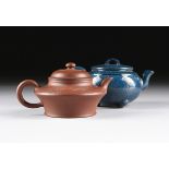 TWO YIXING STONEWARE TEAPOTS, SIGNED, MODERN, comprising a lidded Yixing Zisha teapot of traditional