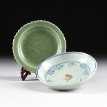 A CHINESE SMALL BARB RIMMED CELADON DISH, TOGETHER WITH A SMALL BLUE AND WHITE GLAZED "SINGLE