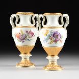 A PAIR OF MEISSEN PARCEL GILT AND POLYCHROME PAINTED SERPENT HANDLED VASES, UNDERGLAZE BLUE