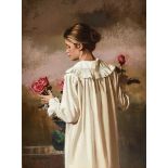 WILLIAM WHITAKER (American b.1943) A PAINTING, "Vase of Roses," oil on canvas, signed L/L. 16" x 12"