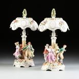 A PAIR OF LARGE EAST GERMAN (GDR) DRESDEN FLORAL ENCRUSTED FIGURAL LAMPS, BY THE PORZELLANMANUFAKTUR