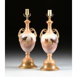 A PAIR OF ANTIQUE CROWN DEVON FIELDINGS HAND PAINTED VASE LAMPS, "HIGHLAND CATTLE," SIGNED "G. COX,"