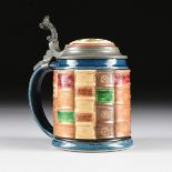 A METTLACH PEWTER MOUNTED AND POLYCHROME ENAMELED STONEWARE STEIN, "LEGAL BOOKS" PATTERN, 1/2 LITER,