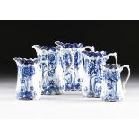 A SET OF FIVE DOULTON BURSLEM BLUE AND WHITE GRADUATED PITCHERS, NORBURY PATTERN, OVER AND