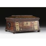 A REGENCY BRASS INLAID ROSEWOOD WORK BOX, EARLY 19TH CENTURY, of rectangular sarcophagus form with a