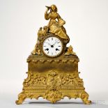 Gilt-brass Figural Mantel Clock, France, c. 1840, figure depicting Little Bo Peep sitting on a