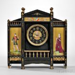 Belgian Black Slate and Porcelain Panel Petite Sonnerie Mantel Clock, c. 1890, gilt incised,