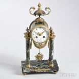 French Brass and Marble Portico Mantel Clock, c. 1890, flame-top urn finial above the Arabic numeral