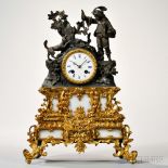 Patinated Brass and Gilt-metal Figural Mantel Clock, France, c. 1850, depicting a man with a quail