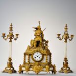 Gilt and Marble Figural Mantel Clock, France, c. 1880, with a knight holding a sword dressed in full