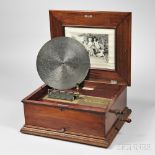 Symphonion 15-inch Disc Musical Box, no. 43, dome-top mahogany case opens up to a gilt bed plate