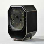 Black and Silver Art Deco Desk Clock, elongated octagonal case in black enamel with silver