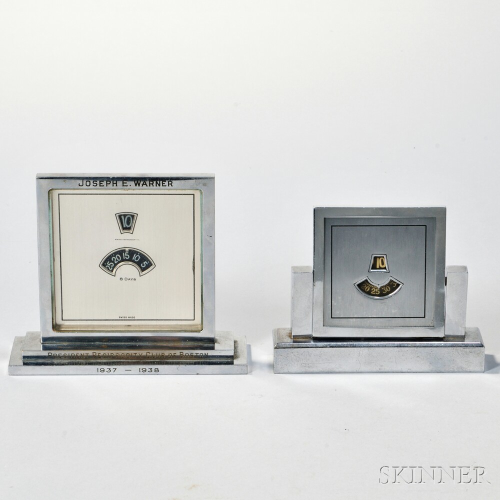 Two Swiss Digital Desk Clocks, c. 1930, both in chrome finish with matte dial masks, the time