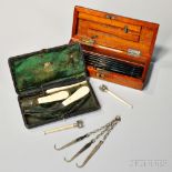 Two Small 19th Century Surgical Sets, London, a mahogany case with five ebony-handled scalpels and