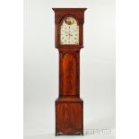 Scottish Mahogany Tall Clock, c. 1820, flat-top string-inlaid hood, freestanding turned columns