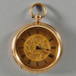 Lady's 18kt Gold Open-face Watch, probably Swiss, engraved and engine-turned gold Roman numeral