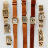 Eight Gold Men's Art Deco Wristwatches, various makers, all with rectangular cases and dials,