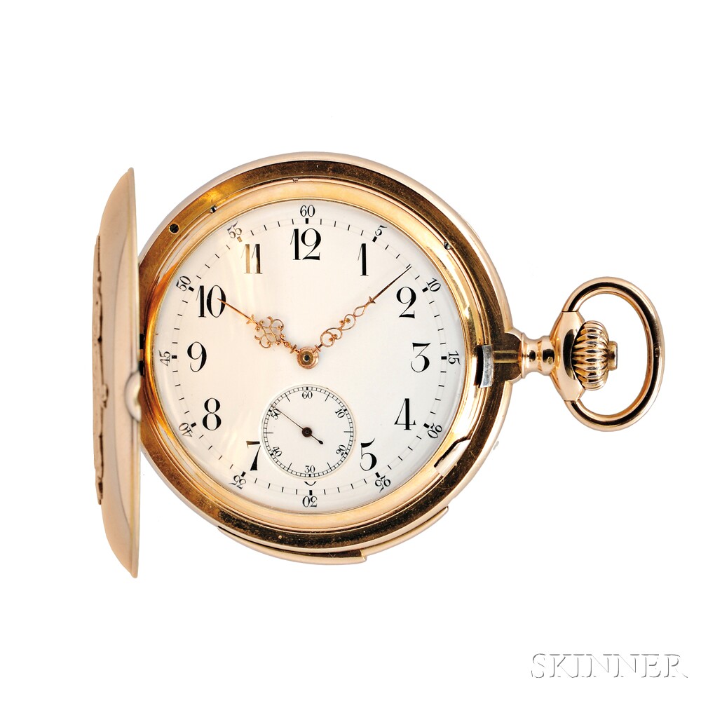 18kt Gold Minute Repeating Hunter Case Watch, Switzerland, c. 1900, enamel Arabic numeral dial