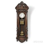 Carved Thirty-day Vienna Regulator Wall Clock, Austria, oak case with arched foliate-carved top,