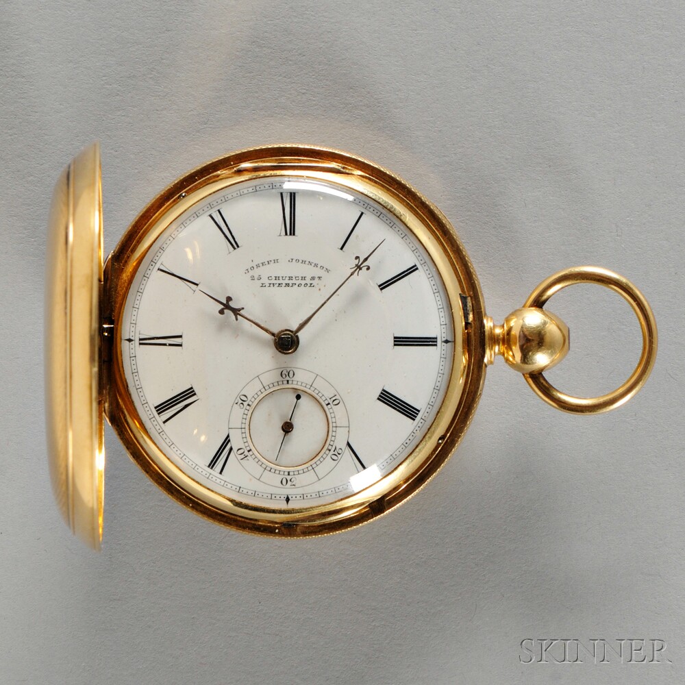 Joseph Johnson 16kt Gold Hunter Case Watch, Liverpool, No. 42875, enamel Roman numeral dial marked