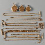 Gold Pocket Watch Chains and Cases, seven 14kt gold chains of varying length and weight with three