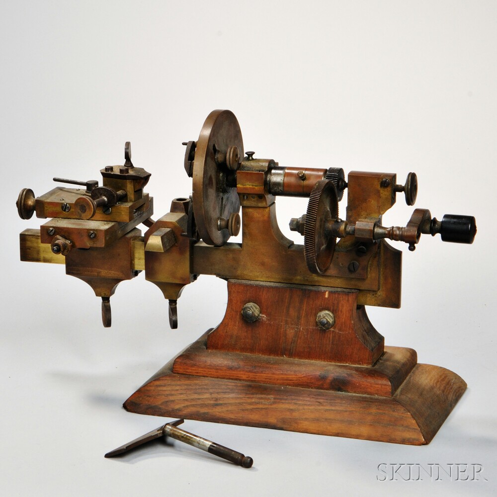 Swiss Watchmaker's Mandrel, 19th century, with worm gear-driven hand crank, 4 3/4-in. dia. faceplate