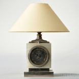 Cotna Art Deco Marble and Silvered Brass Lamp Clock, France, c. 1930, marble block topped by a