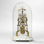 English Brass Skeleton Clock, c. 1890, pierced Gothic arch plates with heart designs, silvered Roman