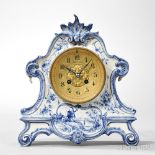 Tiffany Delft China Clock, France, c. 1890, blue and white china case, brass bezel with beveled