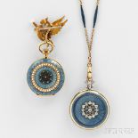 Two Enamel and 18kt Gold Ladies' Watches, both open face 18kt gold guilloche with blue enamel cases,