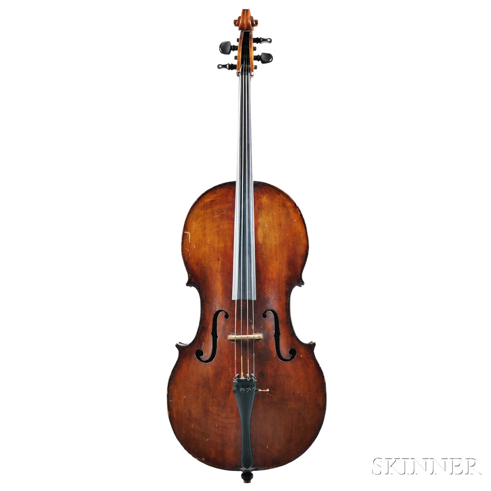 Seven-eighths Size Bohemian Violoncello, unlabeled, length of back 748 mm, with case. Seven-
