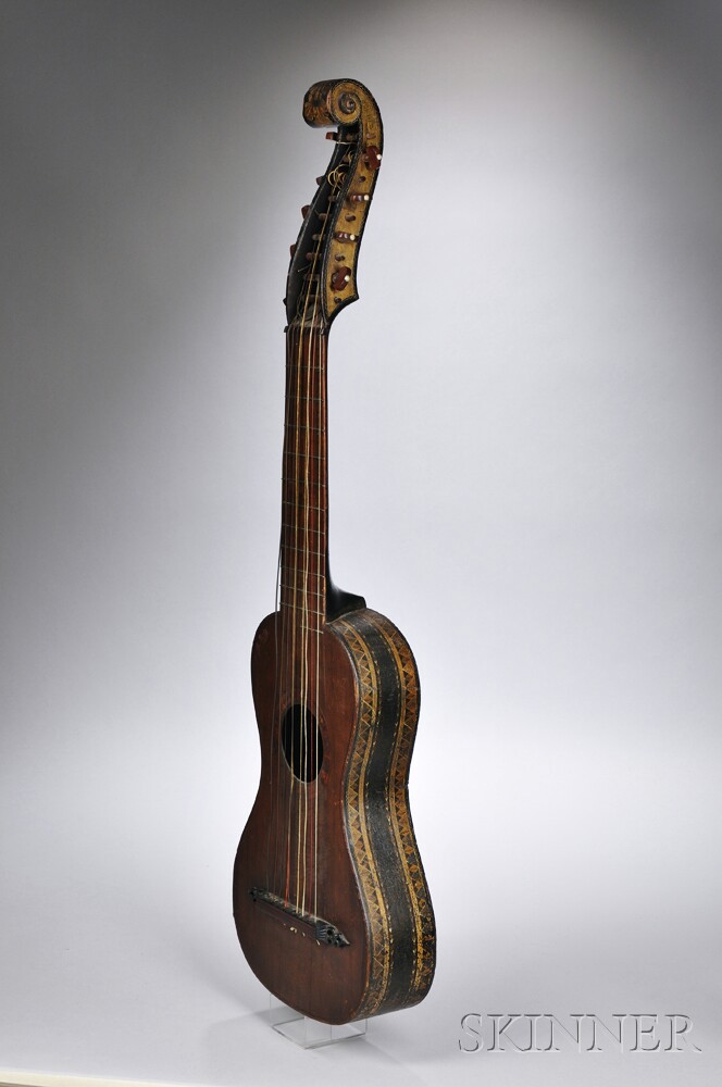 9-string Romantic Guitar, School of Edward Light, c. 19th Century, unlabeled, lacquered with gold - Image 2 of 3