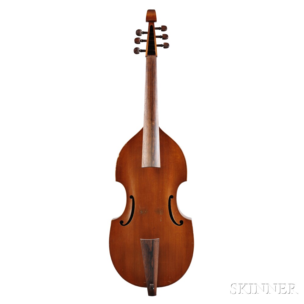 Bass Viola da Gamba, c. 1960, unlabeled, branded AH at back button, branded internally EN, length of