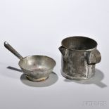 Shaker Tin Spout Cup and Strainer, late 19th century, the straight-sided cup with applied handle