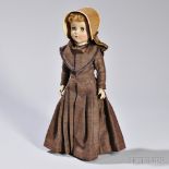Doll with Handmade Shaker Garments, early 20th century, the doll dressed in a brown woolen gown with