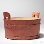 Shaker Red-painted Eared Tub, probably Mount Lebanon, New York, pine staves and bottom, iron