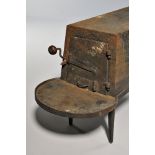 Shaker Cast Iron Stove, Mount Lebanon, New York, 19th century, four legs, wooden knob, cast box with