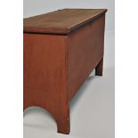 Small Red-painted Pine Storage Chest with Cutout Ends, possibly Harvard, Massachusetts, c. 1820-